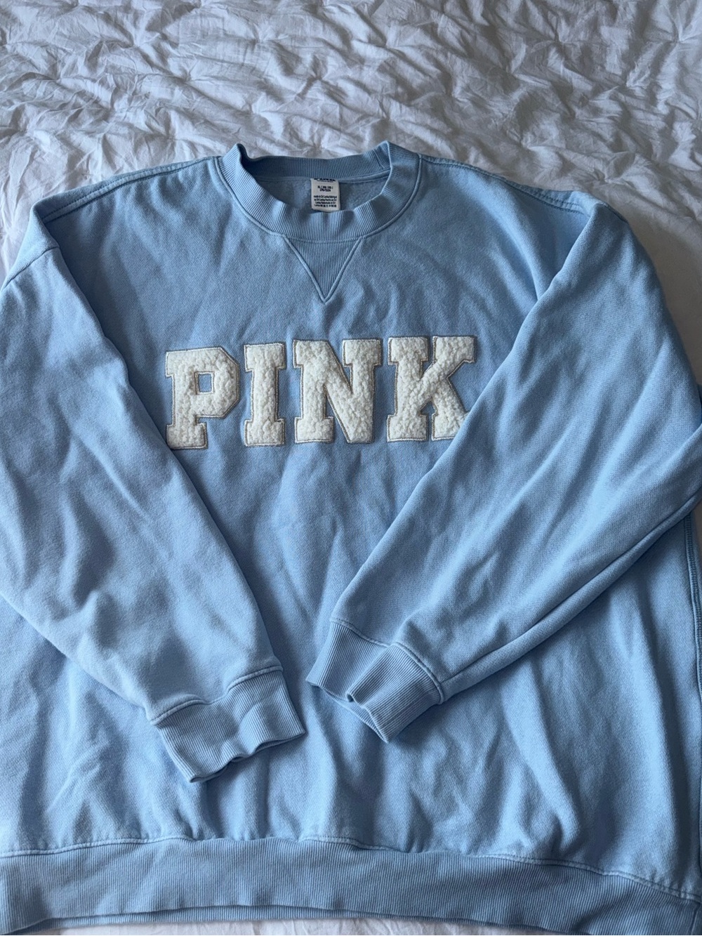 VS Pink Campus Crewneck Sweatshirt - Baby Blue with White Sherpa Logo